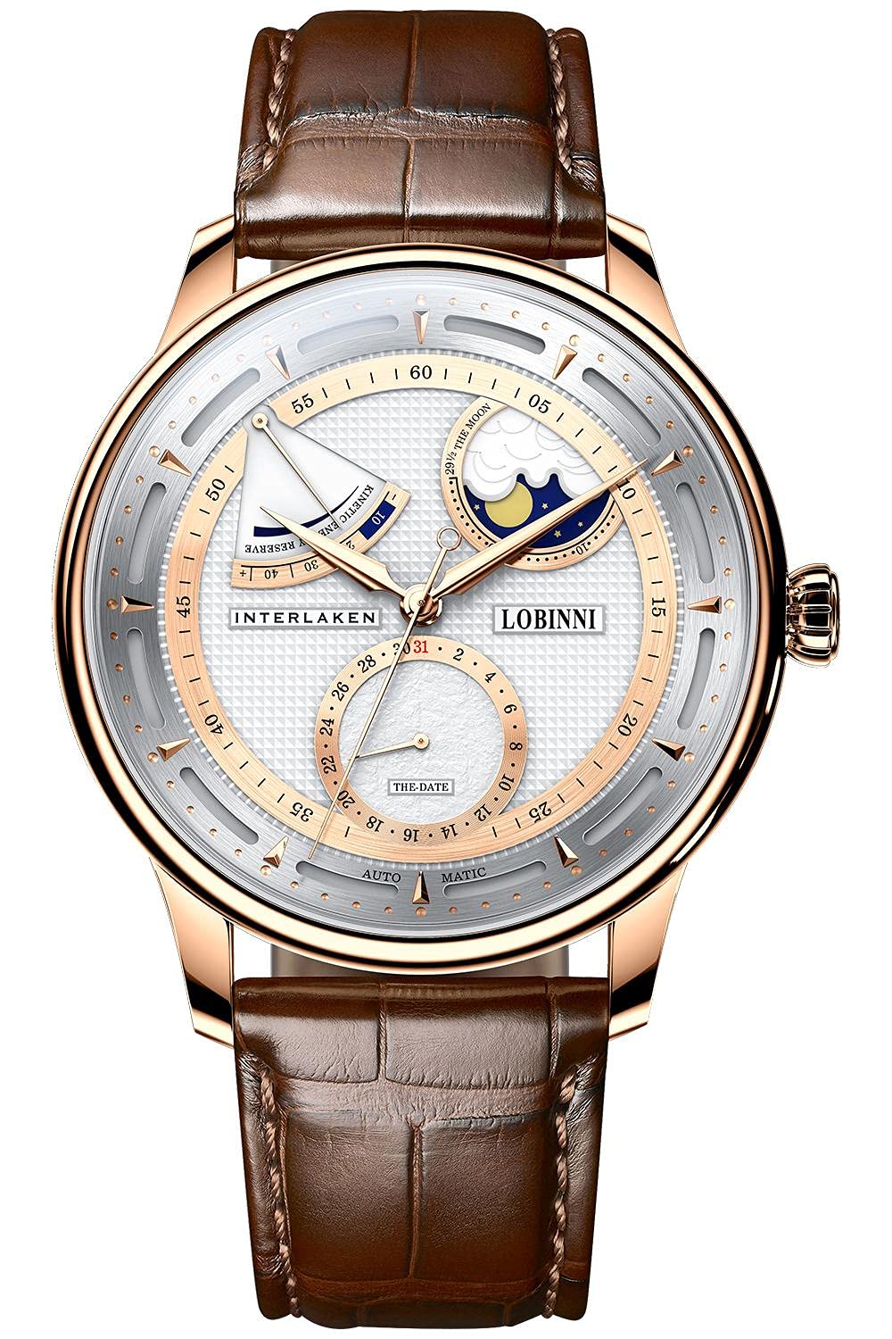 LOBINNI Orologio da polso da uomo, con fasi lunari, meccanico, automatico, impermeabile, alla moda, lussuoso, per uomo