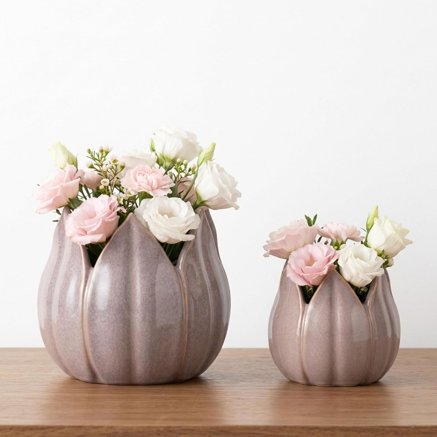 Flower Pots for Home Decor – Ceramic Petal Shaped Planters for Indoor and Outdoor Plants – Decorative Plant Pots That Work with Any Plant Perfect for Garden or Patio Decor; Set of 2 – 7", 5" Purple