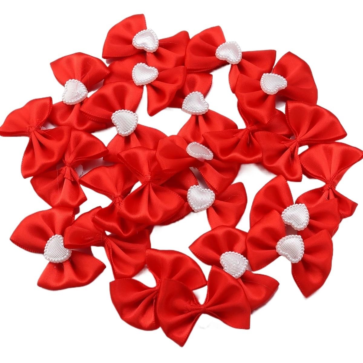 LATEAU Ribbon Bows 20pcs/lot Polyester Satin Ribbon Bows With Heart Pearl Bowknots For DIY Clothing Decoration Accessories(Red)