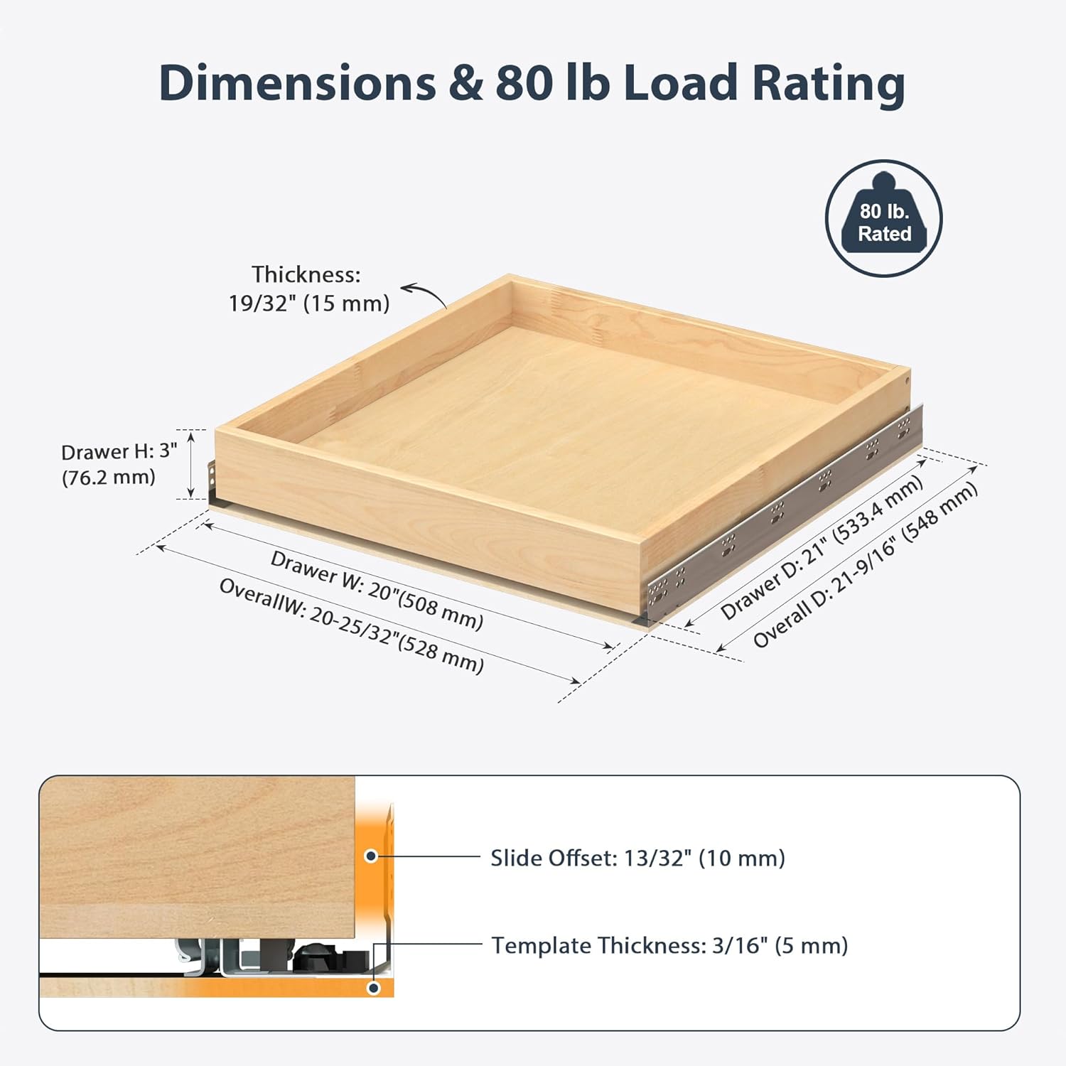 Pull Out Drawers for Cabinets - Birch Wood Pull-Out Drawer 20" W x 21" D - Soft Close Slide Out Shelves for Kitchen Cabinets & Pantry Cabinet Organizer, Heavy Duty, Full-Extension