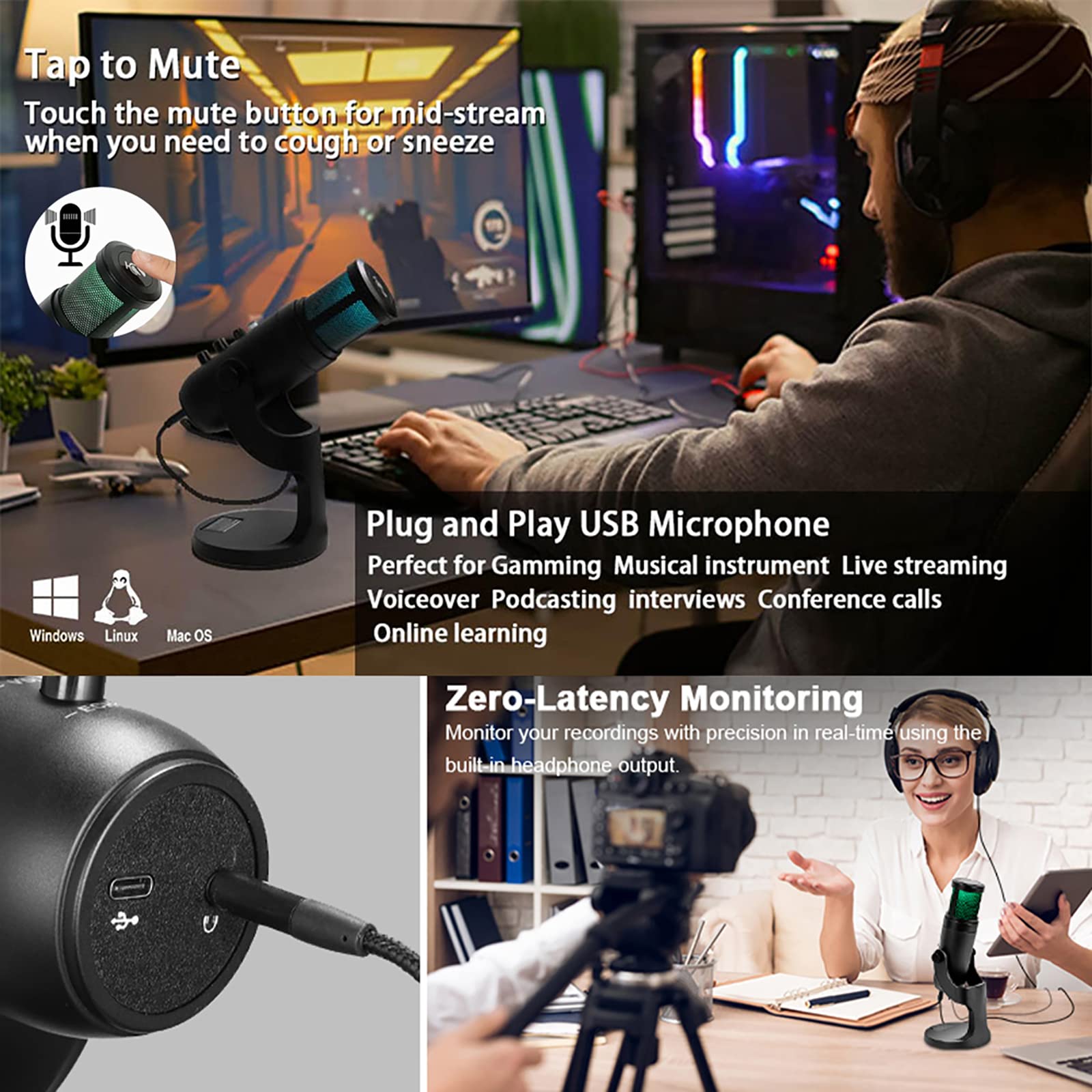 Microfono a Condensatore USB, Microfono a Condensatore RGB Con Luce Colorata Per L'atmosfera Respiratoria, Modello Cardioide, Adatto Per Registrazione Video, Podcasting, Giochi