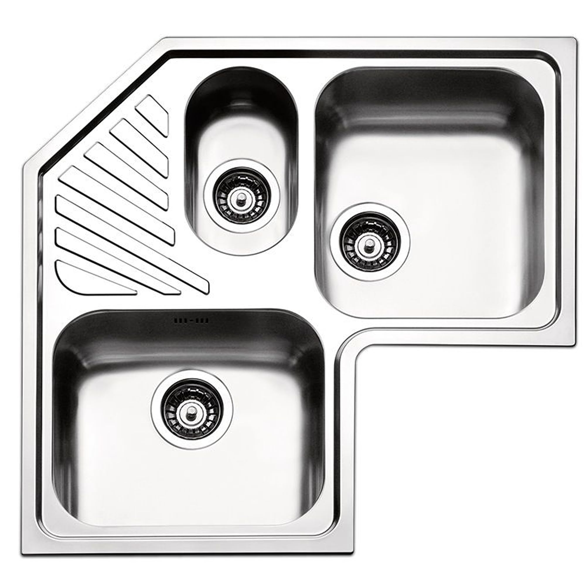 Lavello da Cucina ad Angolo, 83x83 cm, 3 Vasche in Acciaio Inox Spazzolato,