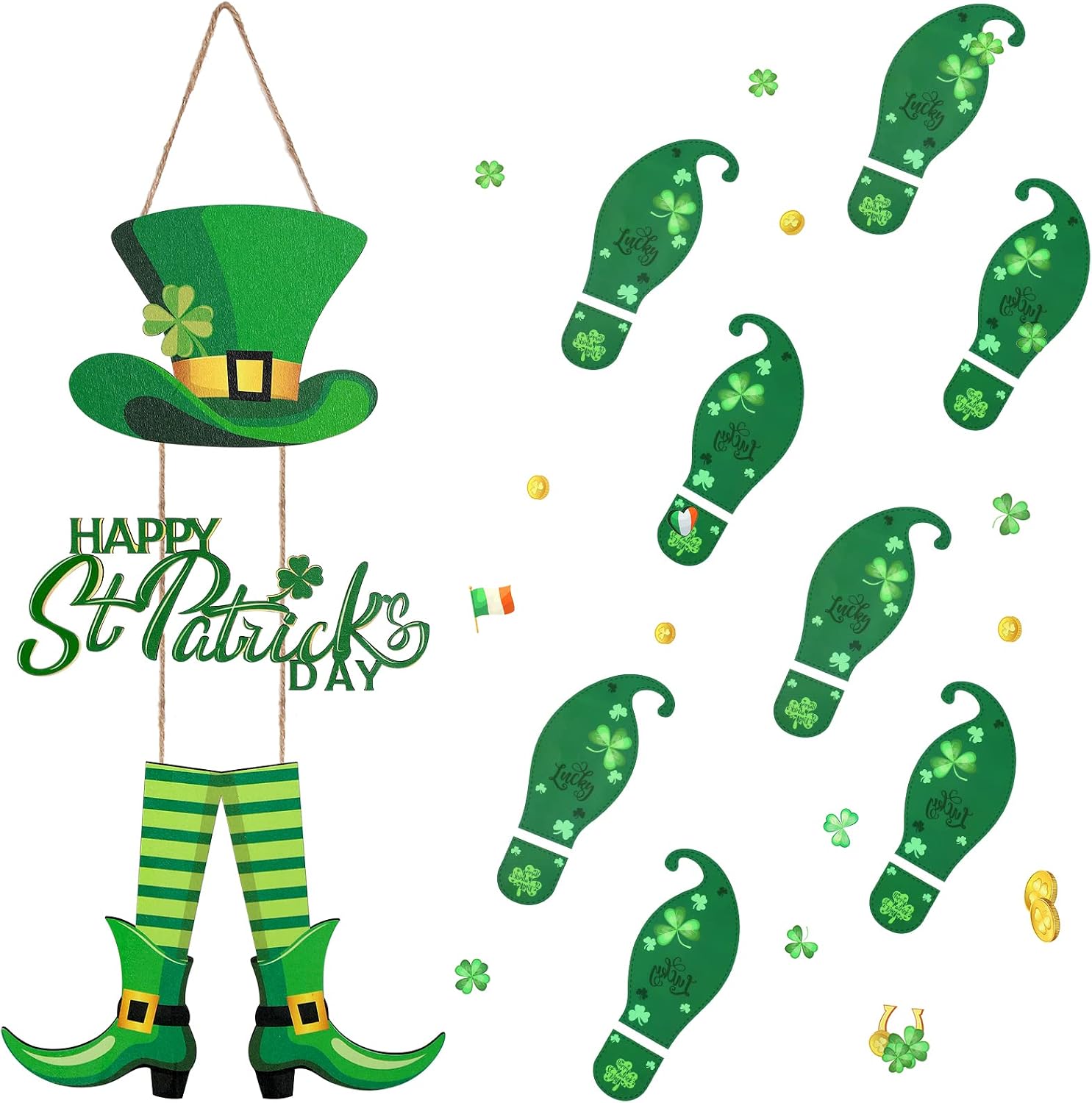 Marsui St Patricks Day Decorations Set Includes Hanging Happy St. Patrick's Day Wooden Wall Decor and 5 Sheets Leprechaun Footprints Floor Decals Happy St. Patrick's Day Sign Shamrock Door Decoration