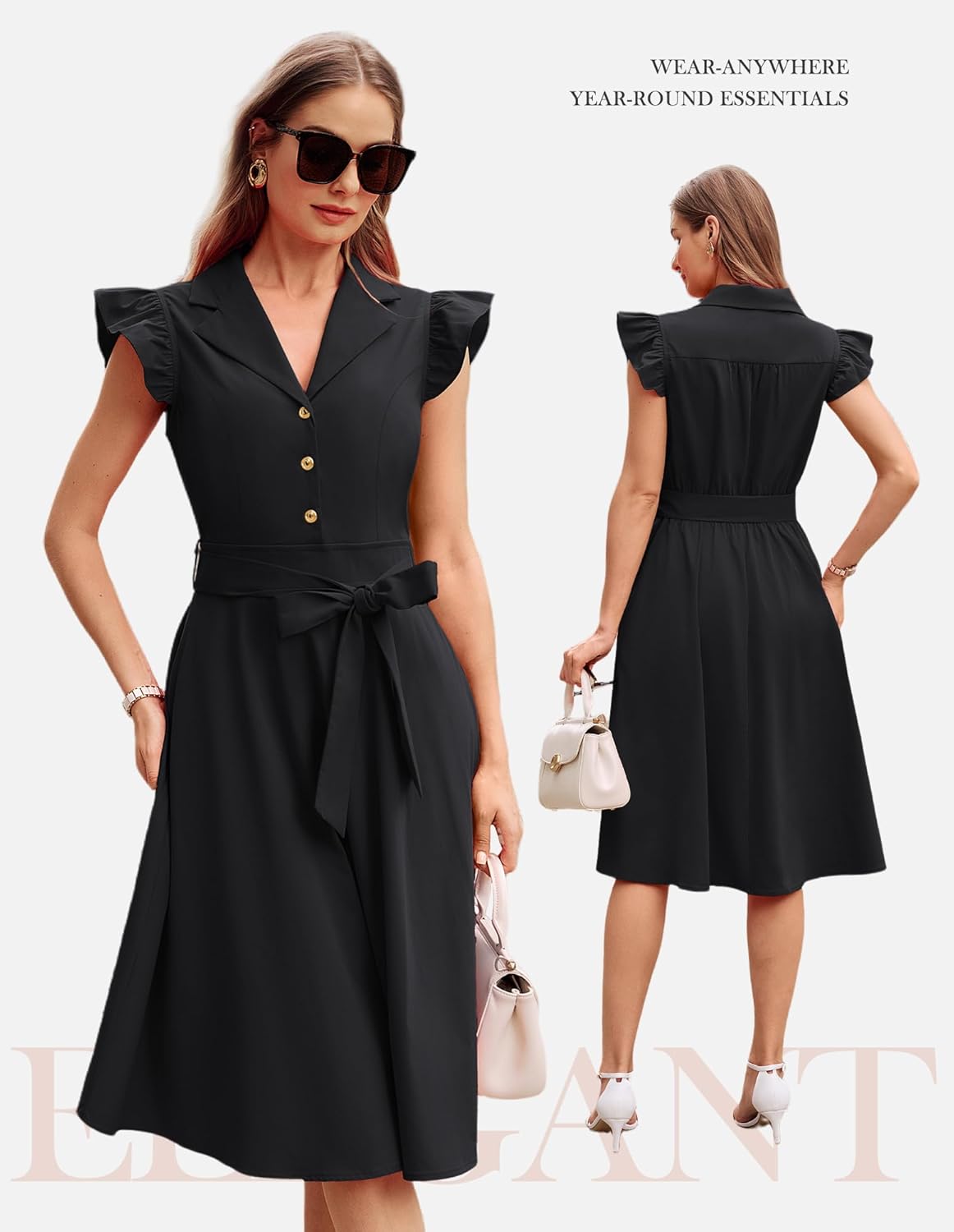 GRACE KARIN Womens Summer Midi Dress 2026 Flutter Short Sleeve Business Casual Dress Button Down Work Dresses with Pockets - Image 3