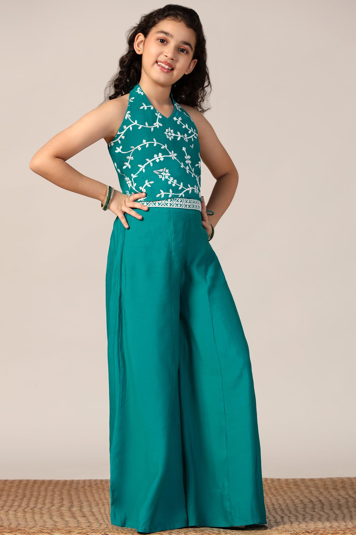 Fashion Dream Girl's Silk Blend Printed Salwar Suit Set|Ethnic Set (FDGSET00227 TEL 24_Teal Green_5-6 Years) - Image 3 thumbnail