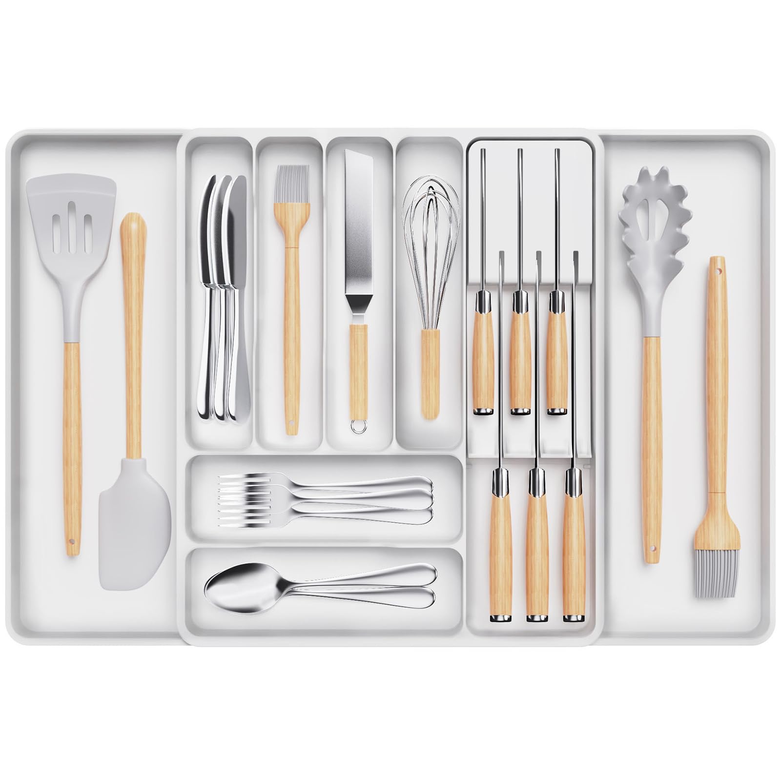 Lifewit Cutlery Drawer Organiser for Kitchen, Expandable Cutlery Tray, Adjustable Utensil and Silverware Holder, Plastic Flatware Spoons Forks Storage Insert, Large, White