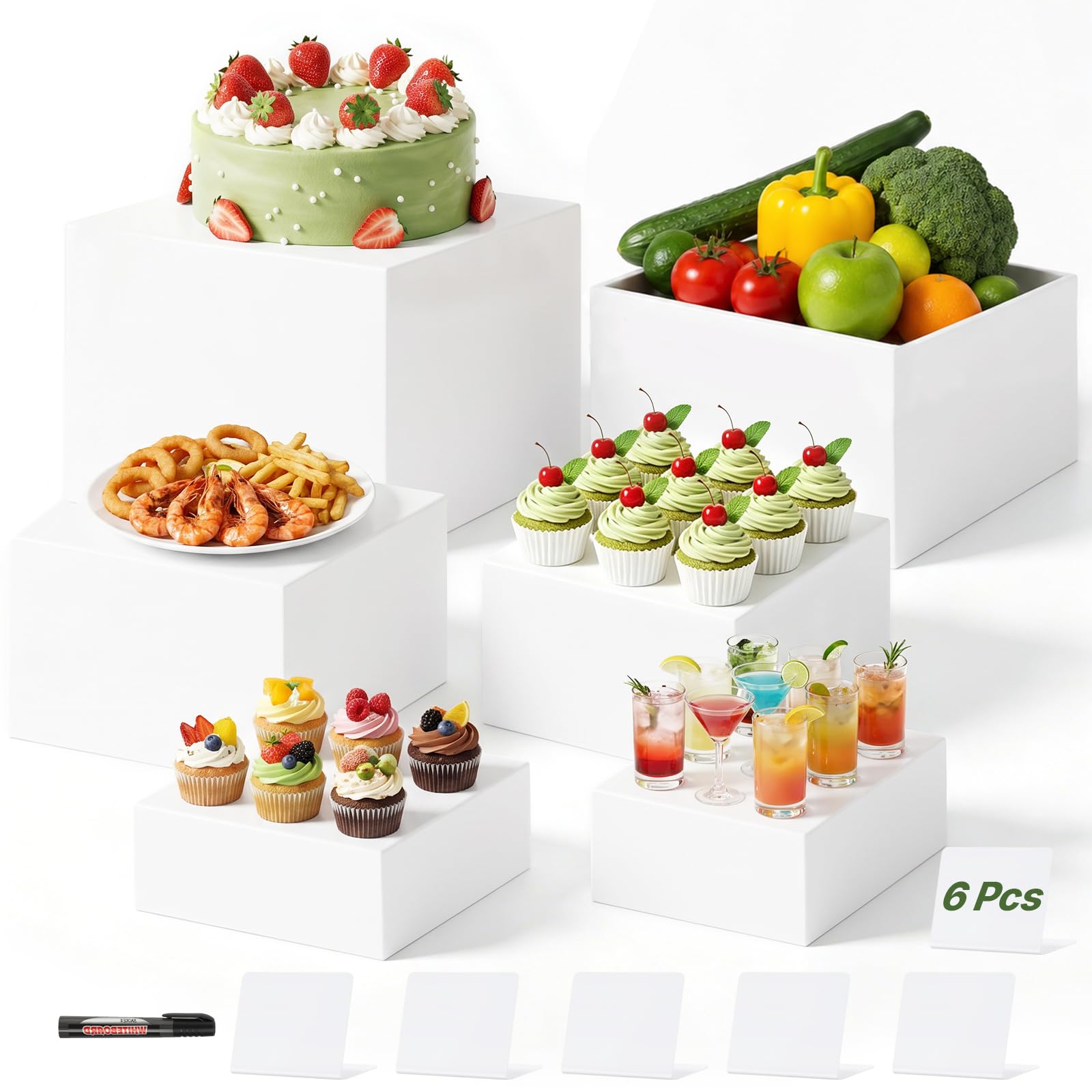 6 elevadores de buffet de 5 x 6 x 7 x 8 x 9 x 10 pulgadas, elevador de exhibición de pasteles de alimentos con letreros, acrílico, catering, postre, joyas, figuras coleccionables, decoración de mesa