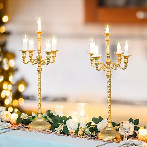Miniatura 1 de Centros de mesa dorados para mesas, 2 portavelas de boda con 5 ramas, soporte de pedestal de vela en espiral de metal para centros de mesa, fiestas,