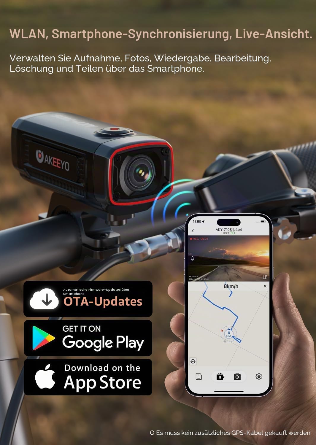 AKEEYO AKY-710S Motorrad-/Fahrradkamera 4K 28fps, 2K 55fps, Weitwinkel 142°, IP67, 5MP, Loop & Emergency-Aufnahme, Parkmonitor, Fahrrad, Outdoor-Sport, Wiederaufladbar, Inklusive 32GB Karte
