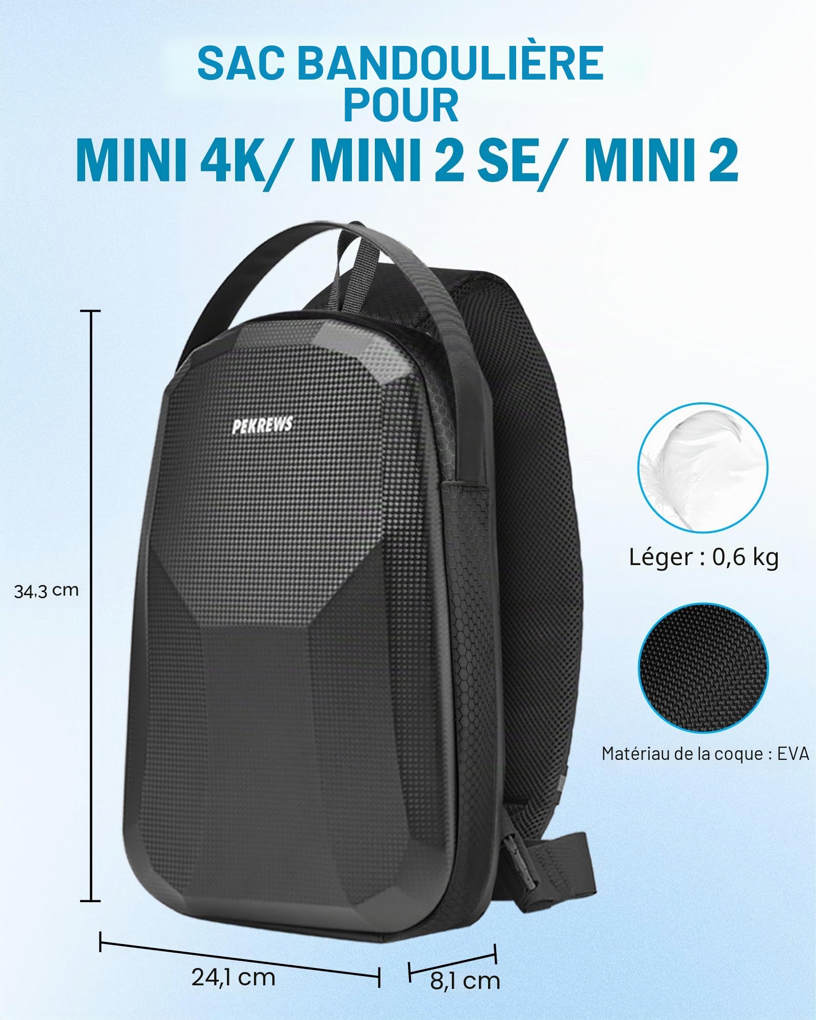 PEKREWS Sac pour Mini 4K, Sac Bandoulière Portable pour DJI Mini 4K/2/2 SE, RC-N1, Sac De Voyage pour Drone Station De Charge Et 3 Batteries, Valise Rigide Déperlante pour Accessoires