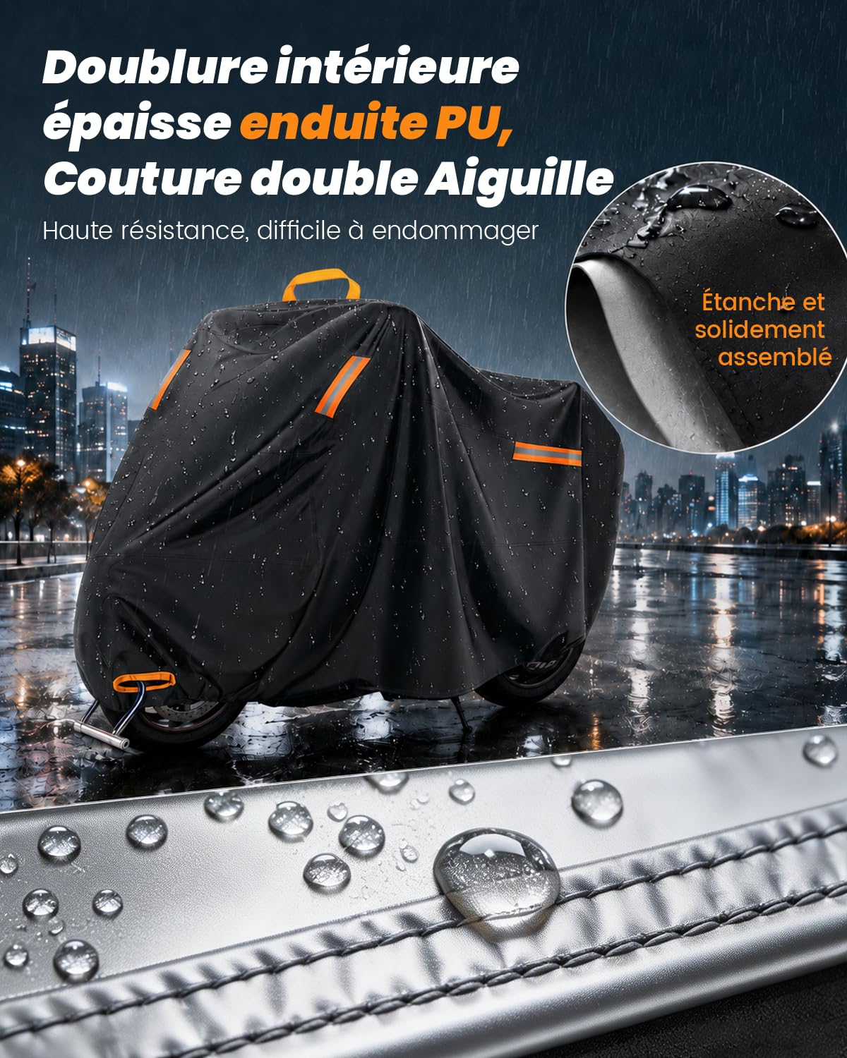 Bache Moto 4XL, 420D Bache de Protection Exterieur Imperméable | 295×110×140 cm, Housse Moto avec Poignée et Trou de Chaine Antivol, Protection contre Poussière Pluie Neige UV