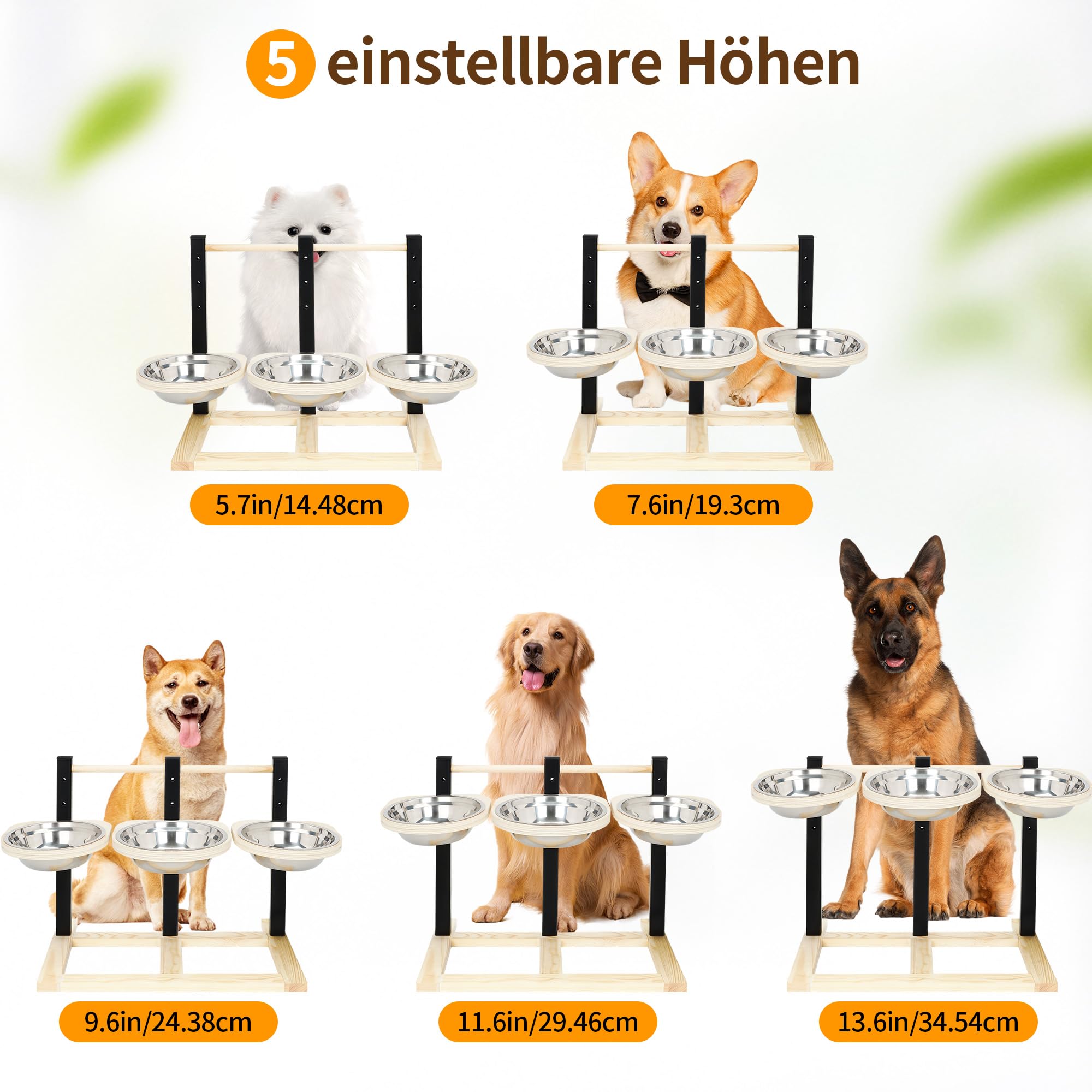 ohbien Hundenapf Erhöht für Hunde, Holz Erhöhte Hundenäpfe 5 Höhenverstellbar Hundenapf mit 3 x 1400ml Edelstahlschüssel Futternapf Futterstation für Groß, Mittel und Klein Hund