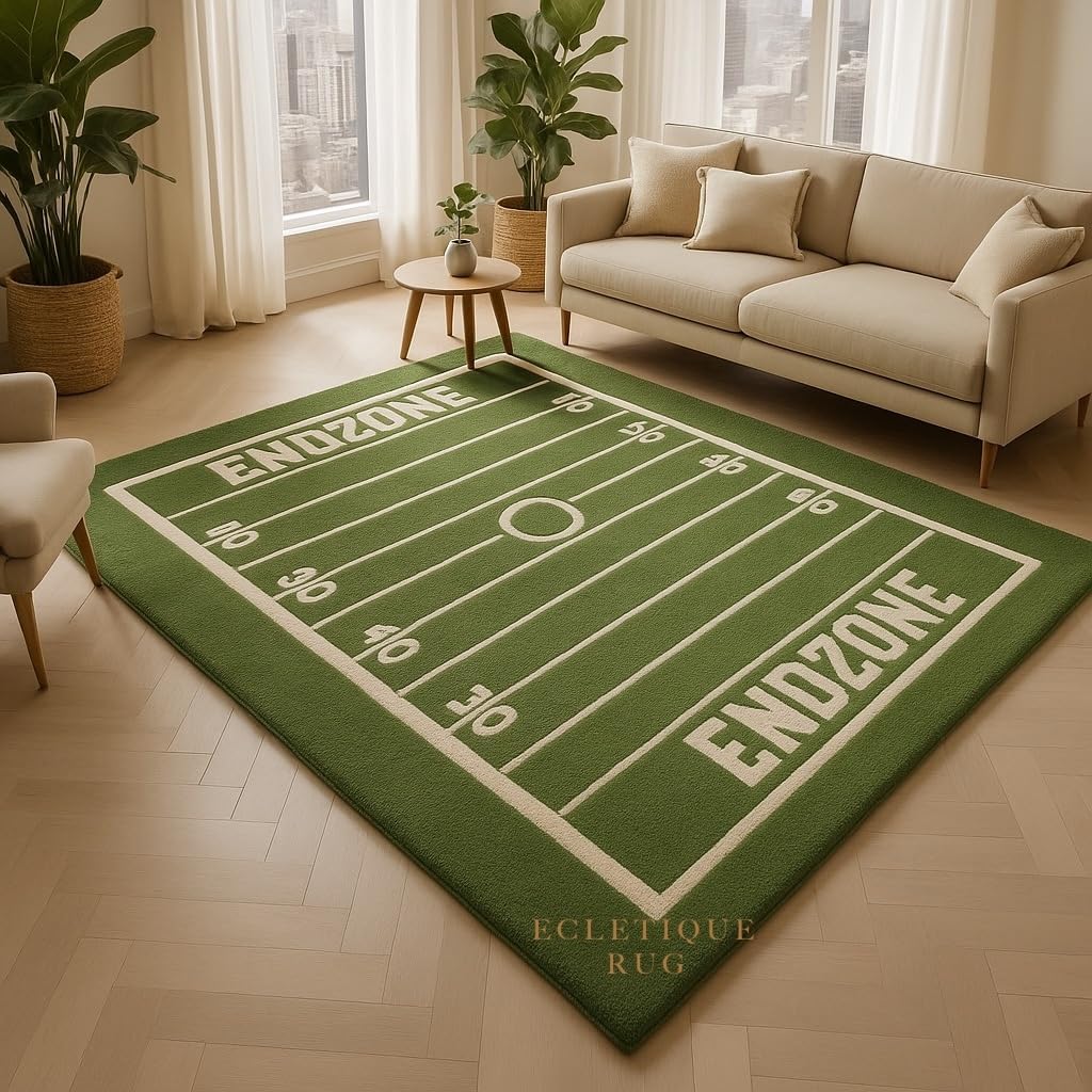 Football Field Pattern Hand Tufted 100% New Zealand Wool Area Rug Rectangle Green Endzone Sports Design Living Room Kids Room Decor 9X12 Ft