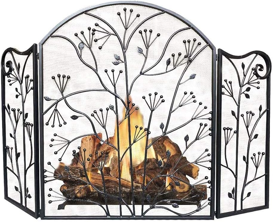Fireplace Screen Guard, 3 Panel Fire Place Guard Fire Screen Spark Flame Guard Arched, Black Folding Design Fireplace Screen with Hinge, 127cm (W)×83cm (H) (Color : Black)