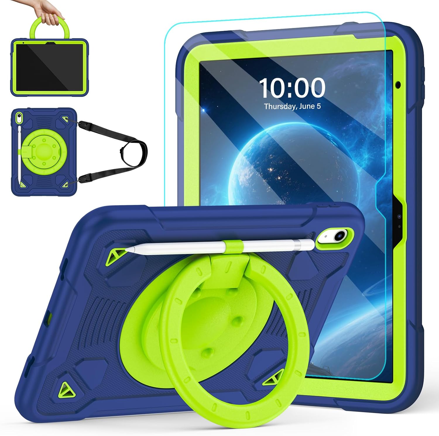Case for iPad (A16) 11th Generation 11 Inch 2025/10th Generation 10.9 Inch 2022 with Screen Protector 360°Rotating Stand | Shoulder Strap | Pencil Holder | Protective Cover | Navy+Green