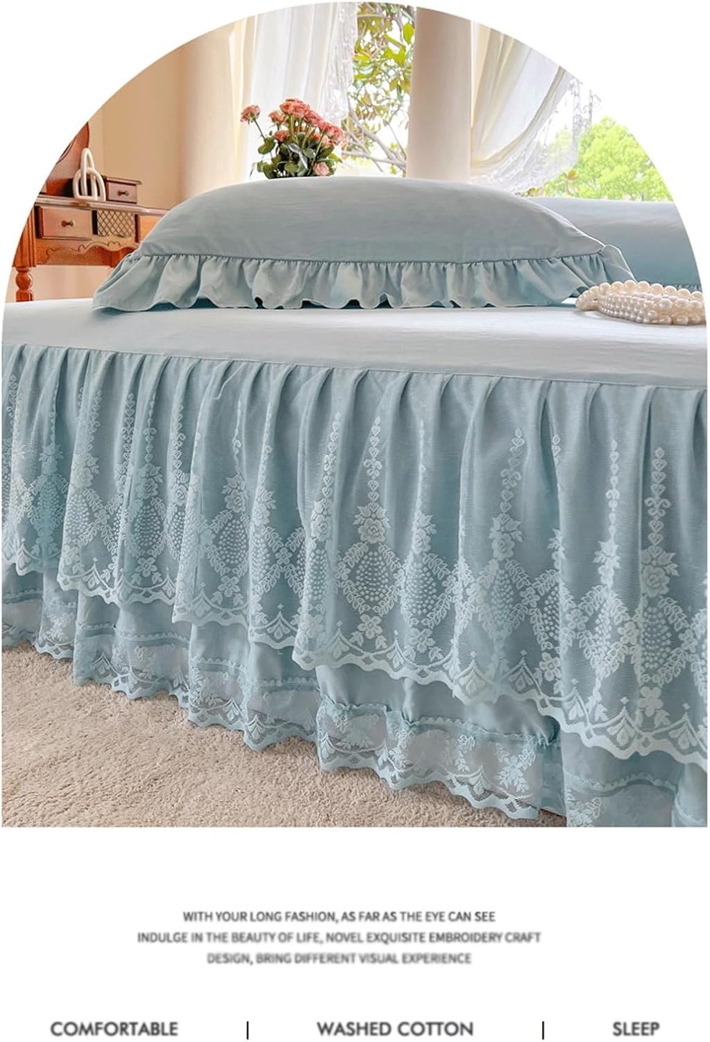 フリル付きベッドスカート フルクイーンキング 16インチドロップウォッシュドコットン 2層レース ソフトで心地よくエレガントで豪華な
