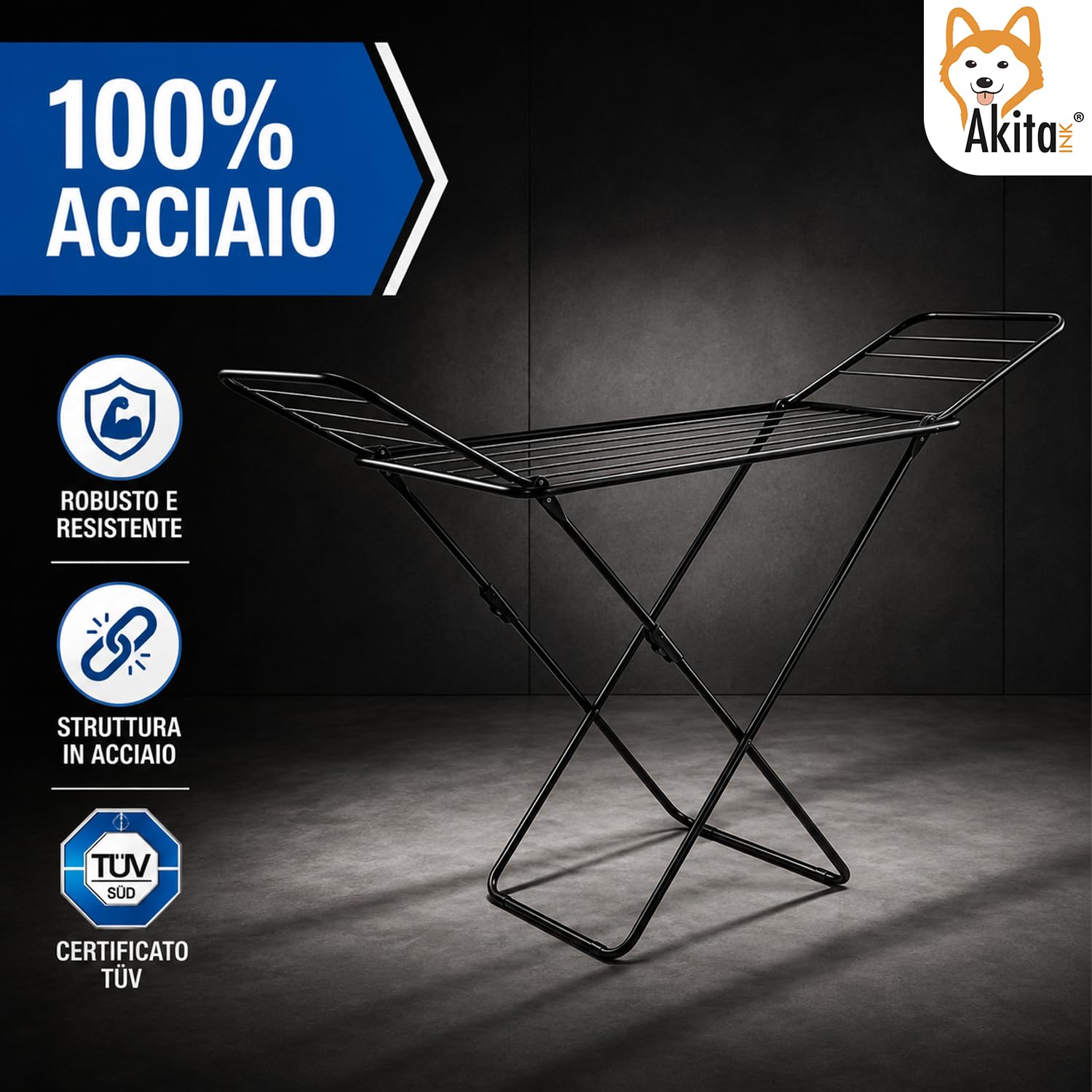 AKITAInk Stendibiancheria AEGEANSTAR Nero da Pavimento, 18 m di Stenditura, 100% Acciaio, Pieghevole con Sistema Anti-Chiusura e Certificazione TÜV
