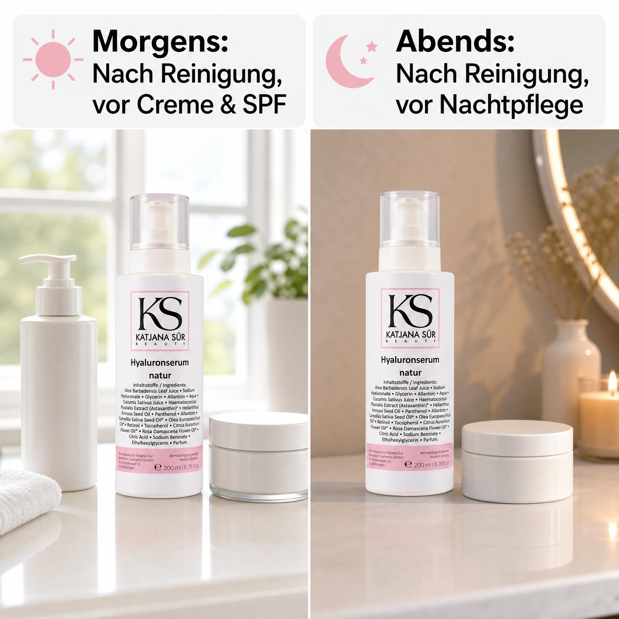 KS Beauty Hyaluron Serum Gesicht mit Retinol & Aloe Vera, 200 ml | Feuchtigkeitsserum mit Hyaluronsäure, Astaxanthin & Vitamin E – dermatologisch getestet, Made in Germany