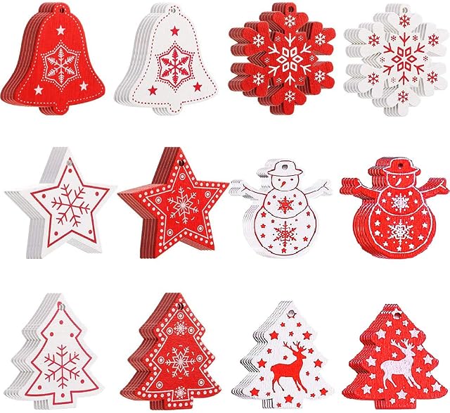 viccess 60pcs Wooden Christmas Tree Decoration Set Christmas Wooden Shapes Christmas Hanging Ornaments