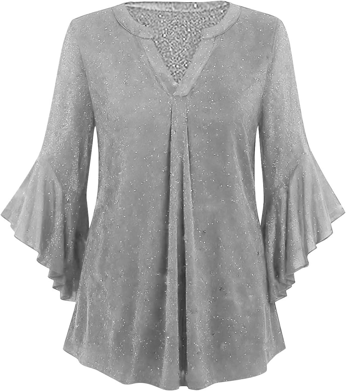 Sequin Holiday Tops for Women Flare Sleeve Ruffle Flowy Swing V Neck Notch T-Shirts Pure Mesh Pullover Blouses