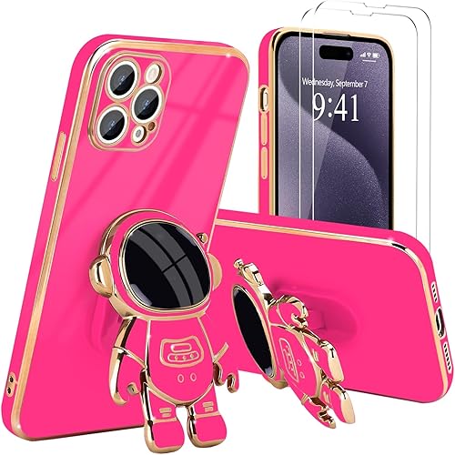 Funda para iPhone 15 Pro Max, lindo soporte de astronauta 3D con 2 protectores de pantalla protección de cámara Soporte de silicona suave a prueba