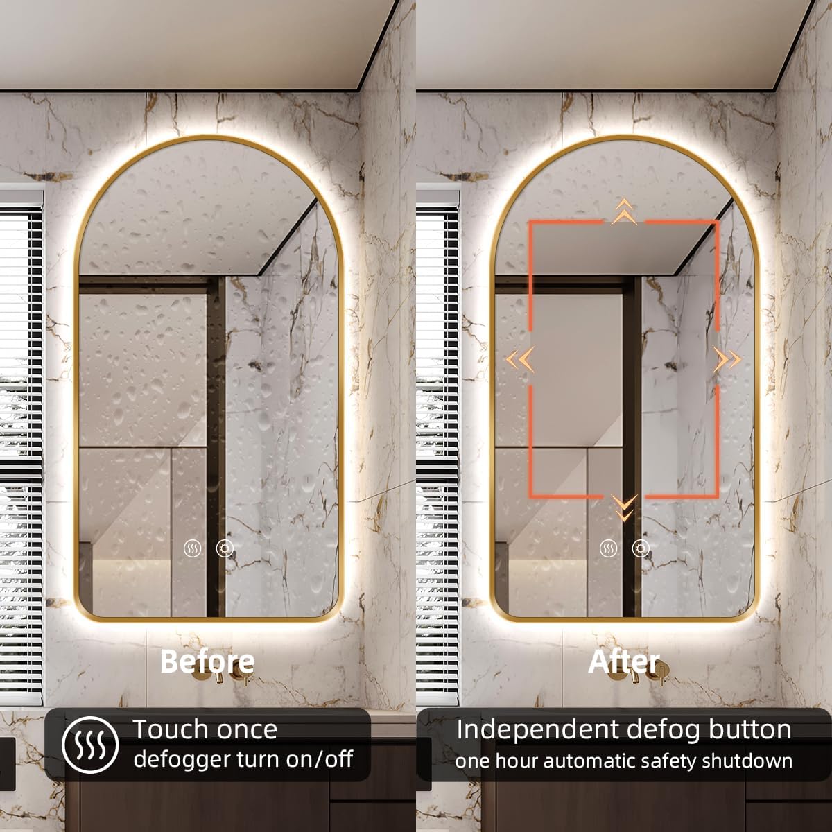 40"H x 24"W Arched LED Bathroom Mirror, Brushed Gold Framed Backlit Vanity Mirror with Lights, Wall Mounted Lighted Mirror, Dimmable 3-Color Shatter-Proof Arch Smart Mirror, UL-Listed, CRI 90+