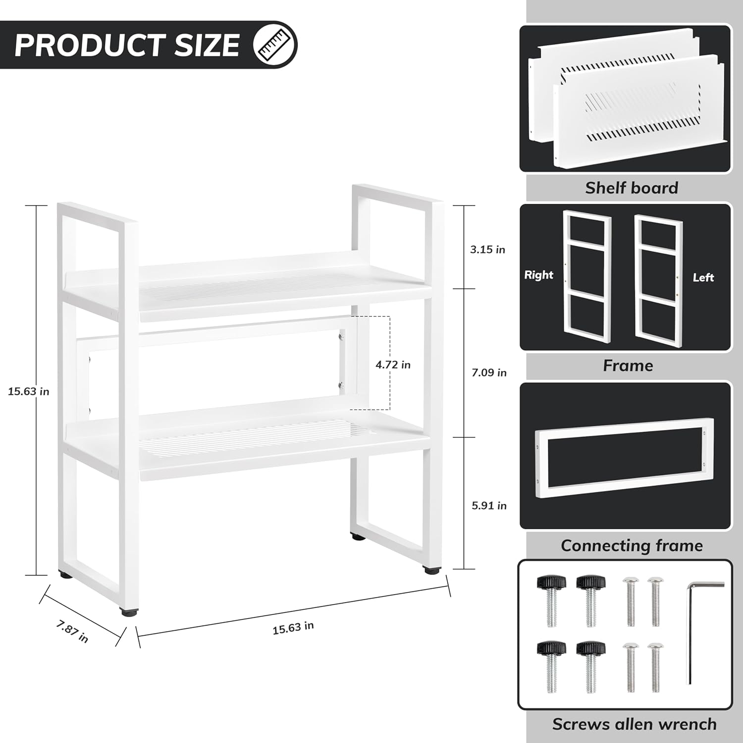 Brakki Desk Shelf Organizer, Adjustable 2 Tier Metal Desktop Shelves, Desktop Bookshelf Organization with Foot Mat, Multi-Functional Small Storage Rack for Office Dorm Home, White