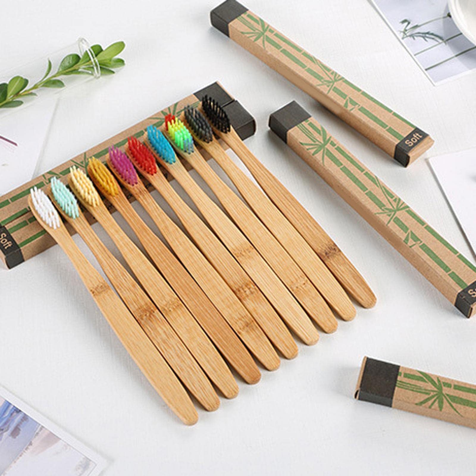 jojomis Confezione da 6 spazzolini da denti in legno con setole morbide e impugnatura comoda, per adulti, viaggi, campeggio