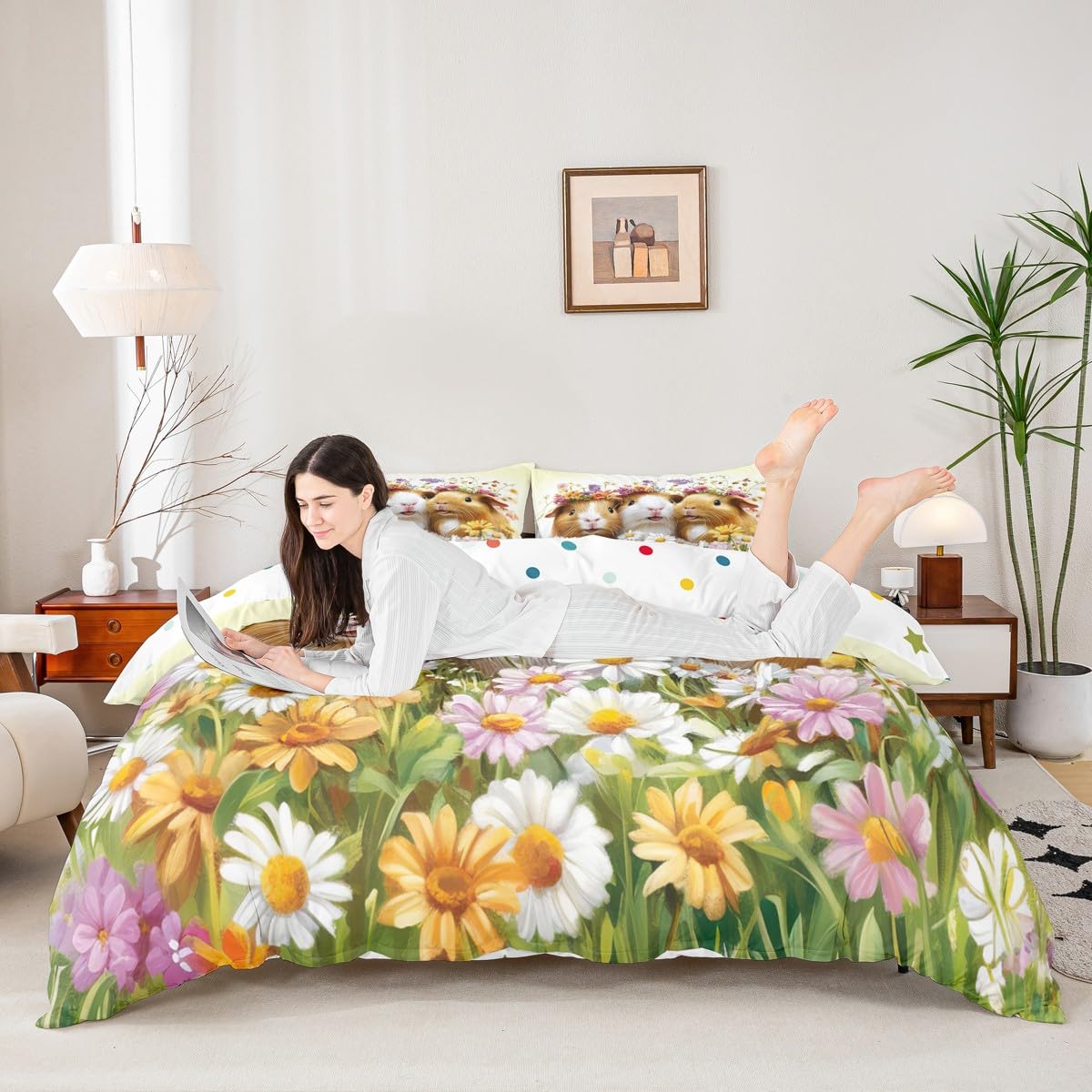 Homewish Guinea Pig Duvet Cover King for Kids Bedroom Decor Cute Guinea Pig Design Bedding Set for Girls Chic Garden Floral Print Quilt Cover Lovely Pet Animal Themed Bed Sets - Image 3