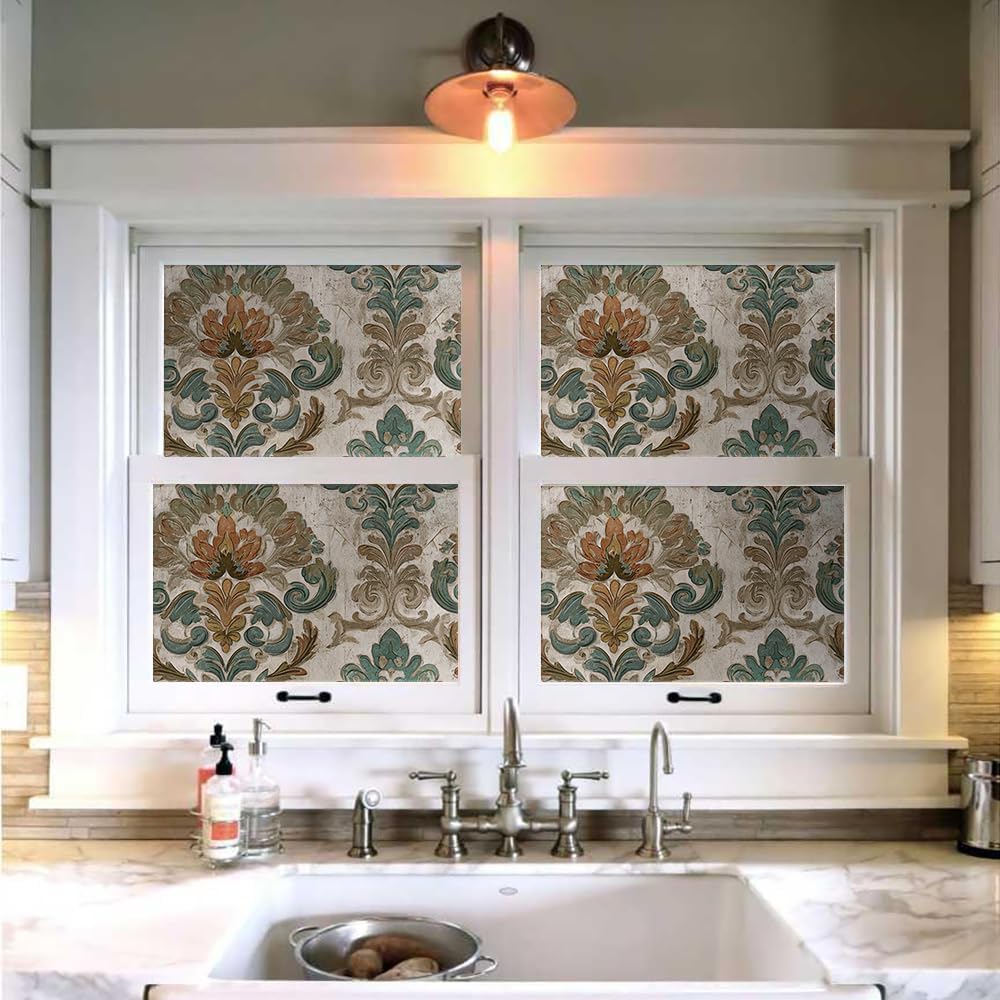 18"x236" Boho Baroque Vintage Brown Green Damask Flower Wall Peel and Stick Self Adhesive Wallpaper Removable Contact Paper Stick on Easy Peel Off Wall Paper for Kitchen Bedroom Bathroom Renter