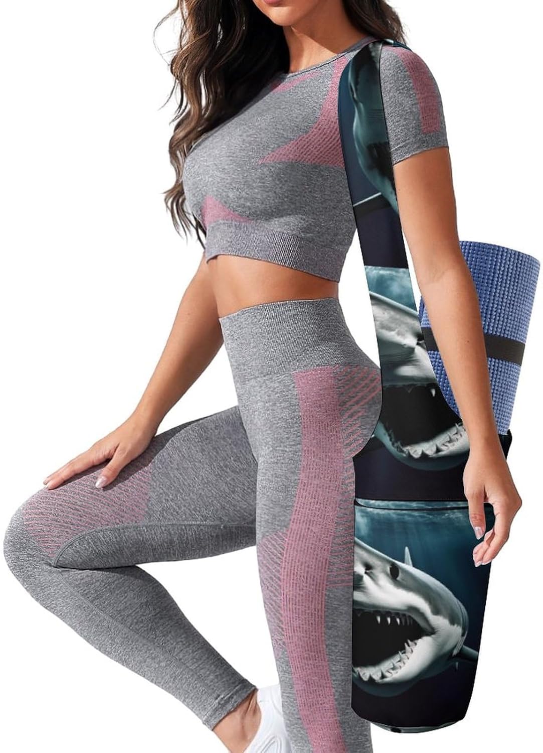 Canvas Yoga Bag,Shark Printed Yoga Mat Handbag,Portable Yoga Mat Bag Large Capacity Gym Bag for Men Women Pilates Beach Travel