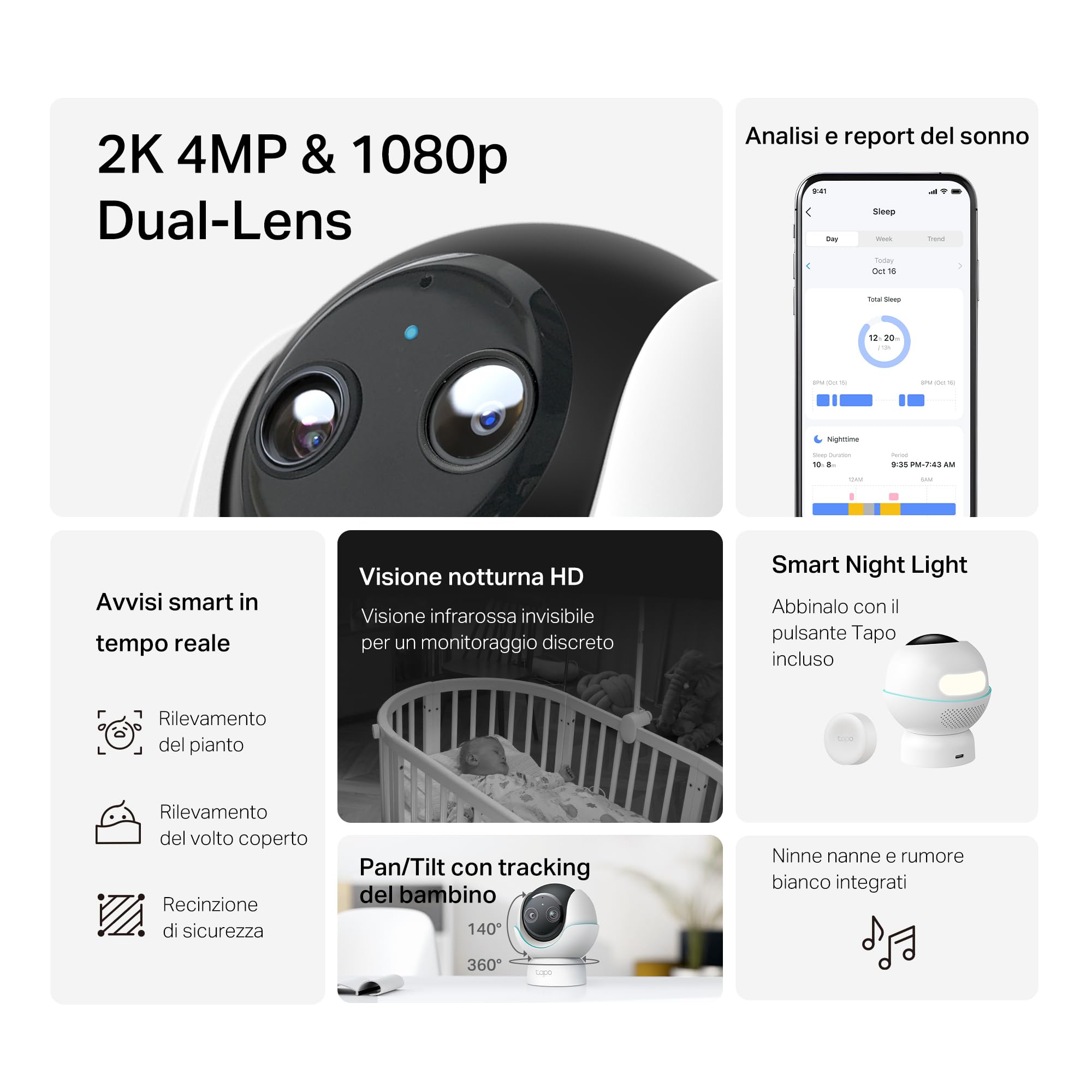 Tapo C840 4MP+2MP Telecamera WiFi Interno a Doppia Lente, Baby Monitor con Visione Notturna, Allarme Urlo, Volto Coperto, Report Sonno, Ninne Nanne e Rumore Bianco, Luce Notturna, MicroSD fino a 512GB