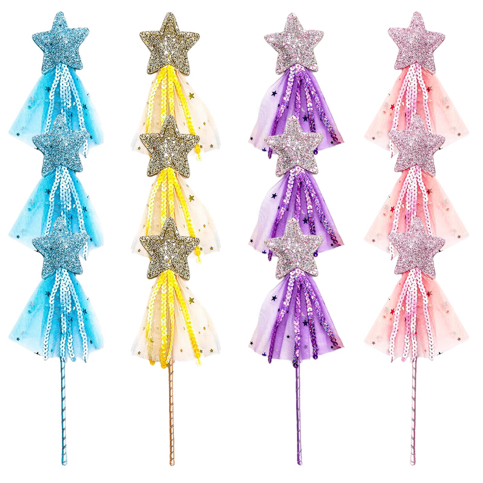12Pcs Princess Wand for Girls, Glitter Fairy Wands with Shiny Stars, Angel Sticks with Ribbon Costume Props for Birthday Wedding Party Favors, Wands