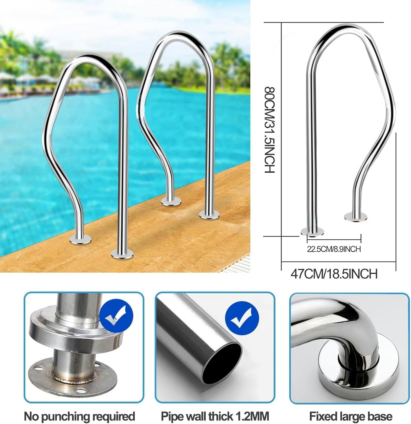 Pasamanos baranda de bajada para piscina Pasamanos de piscina Barandillas de piscina de acero inoxidable 304, barandillas de escaleras de spa Barandillas de seguridad de piscina de 3 curvas para pisci