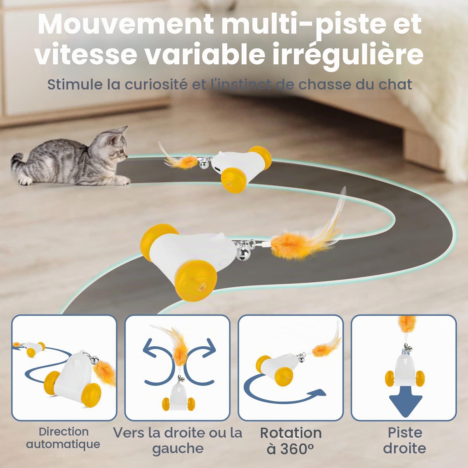 HAPPY HACHI Jouet Interactif pour Chat, 2 Vitesses Réglables, Mouvement Irrégulier USB Rechargeable Jouet Chat Interieur, avec Lumière LED Colorée, stimule l'instinct de Chasse, avec 3 Plumes