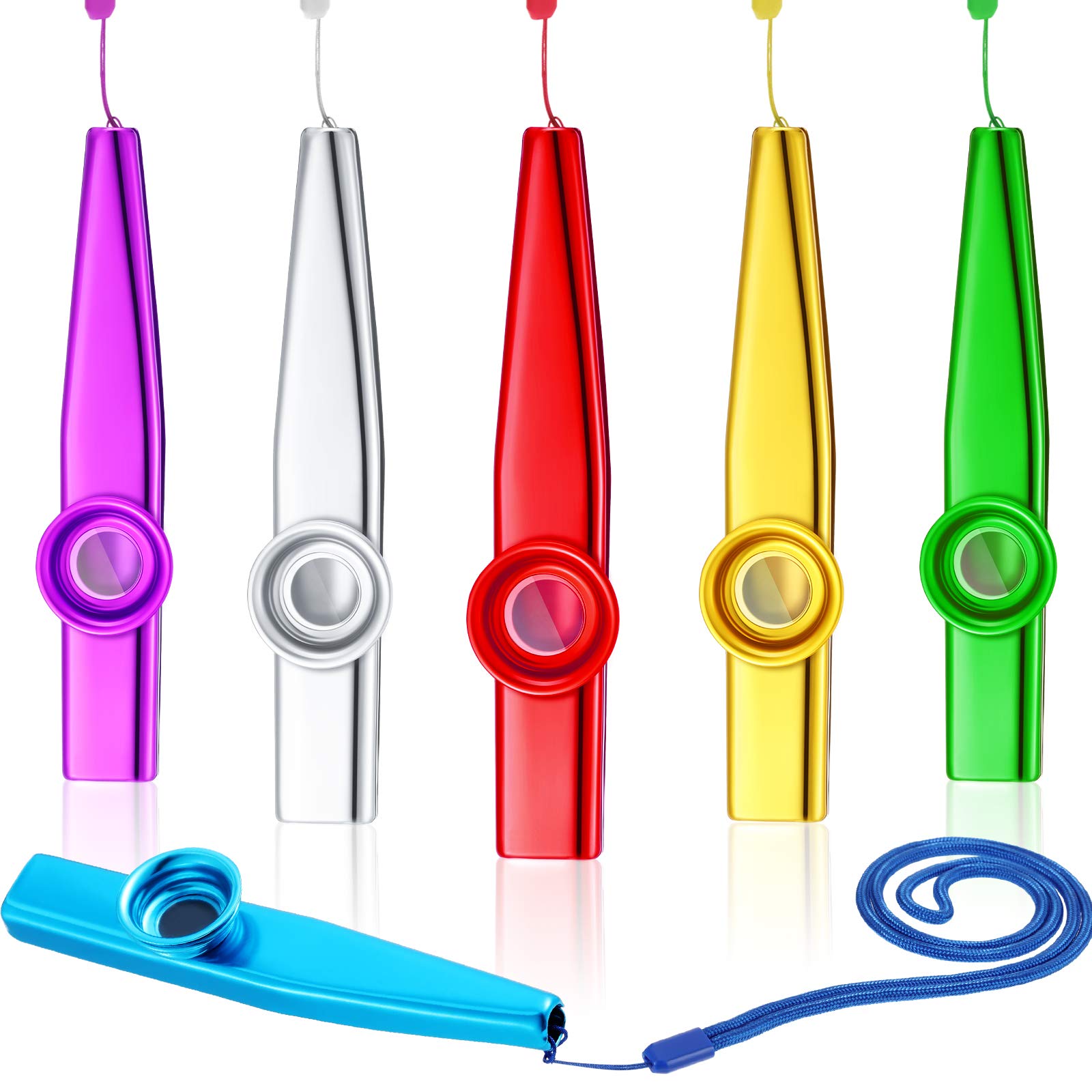 6 Pieces Metal Kazoo with Lanyard 6 Colors Metallic Kazoo Musical Instrument with Kazoo Flute Diaphragms Party Kazoo Musical for Gift Prize and Favors