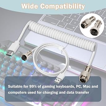 Type C Coiled Keyboard Cable 3m, Usb C To Usb A, Tpu Mechanical Keyboard Cable With Detachable Aviator Connector For Gaming Keypad Pc Laptop Mac Ps4 White