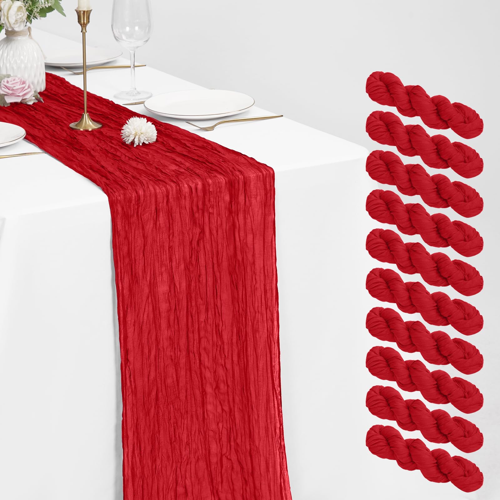 10 Pack Cheesecloth Table Runner Red 21 x 120 inch Rustic Boho Gauze Fabric Table Runner Romantic Long Cheesecloth Table Runner for Wedding, Festival, Anniversary, Dinner and Outdoor Events