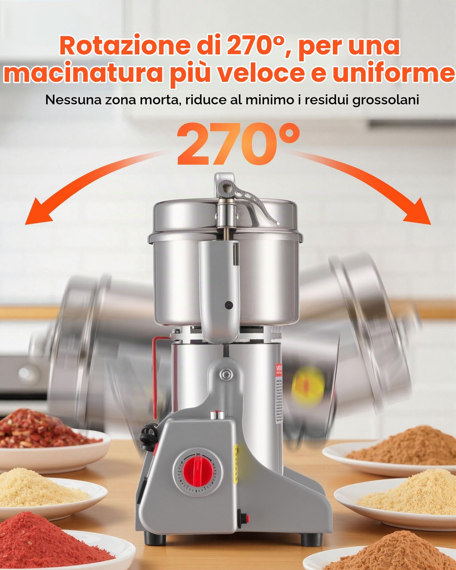 VEVOR Macina Spezie Elettrico Commerciale da 800 g, Polverizzatore in Acciaio Inossidabile ad Alta velocità da 2100 W, per Cereali Secchi, Spezie, Cereali, Caffè, Mais e Pepe, Tipo Oscillante
