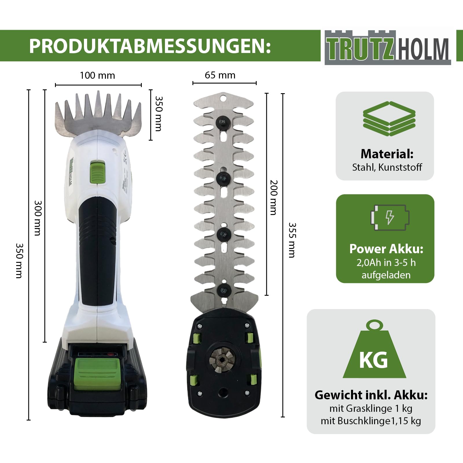 TRUTZHOLM 2-in-1 Akku Rasentrimmer mit 20V 2.0Ah L-Ionen, 10 cm Gras- und 20 cm Strauchklinge, Grasschere, Rasenkantentrimmer, Rasenschere, Strauchschere, Heckenschere und Ladegerät