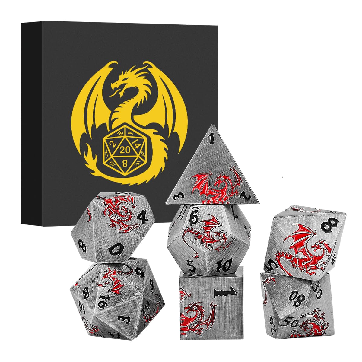Metal Dice Set, Flat Face Design Dragon Pattern, 7pcs Polyhedral Metal DND Dice Set, DND Starter Set, D&D Gifts with Gift Box, Role Playing Board Games Accessories, Silver