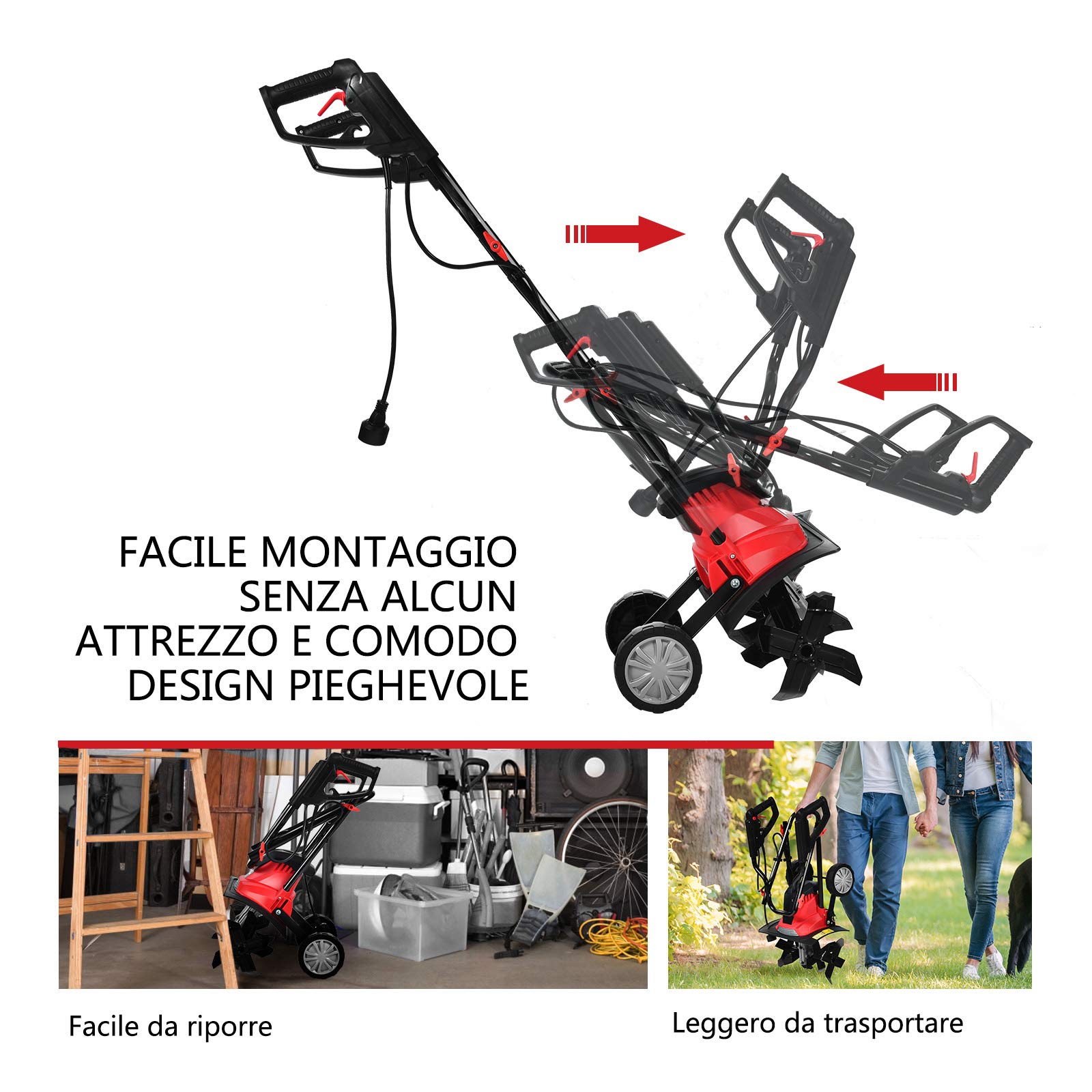 COSTWAY Motozappa Elettrica 1200W/1500W, Zappatrice Elettrica con Maniglia Pieghevole, Ruote Regolabili, 4/6 Lame, Velocità 365/400 PRM, Profondità 22 cm, Larghezza 35/43 cm (Rosso, 1200 W)