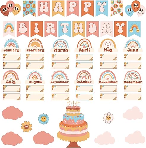 Miniatura 8 de Nezyo Juego de 80 tablones de anuncios para el aula, 80 piezas, Groovy Retro Hippie, tabla de cumpleaños para aula, recortes de pared de calendario