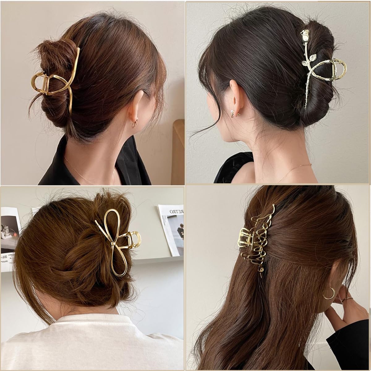 Parcce Paquete de 4 pinzas grandes de metal para cabello rizado fino a grueso, pinzas grandes antideslizantes de color dorado de 4.3 pulgadas, accesorios perfectos de moda para mujeres y niñas,