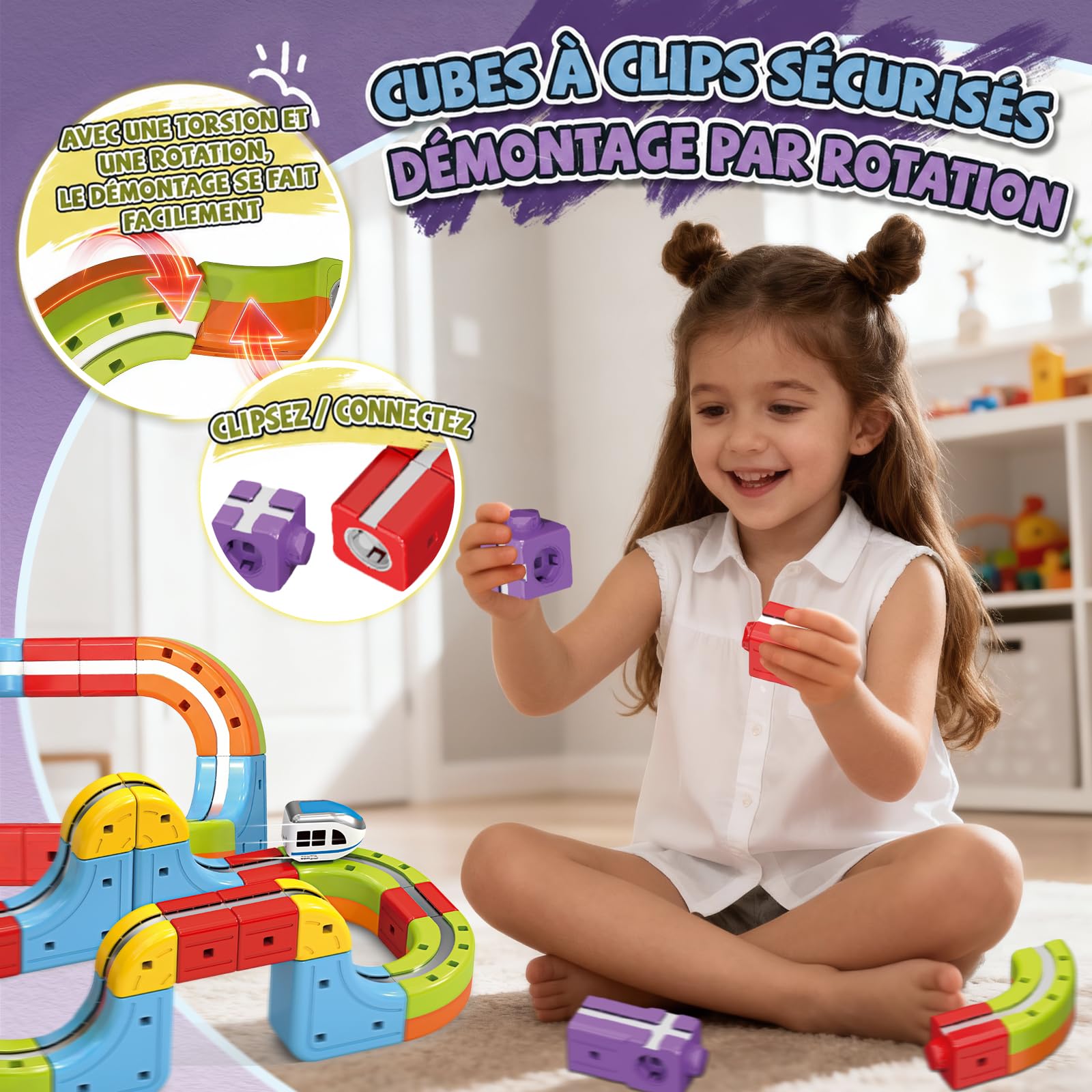 YESHIN Clickrail Ensemble de Train Électrique, Kit de Voie de Train DIY avec Dispositions 3D Défiant la Gravité, Train Motorisé et Cube de Voie Magique, Jouet de Fusion de Voie Électrique pour Enfants