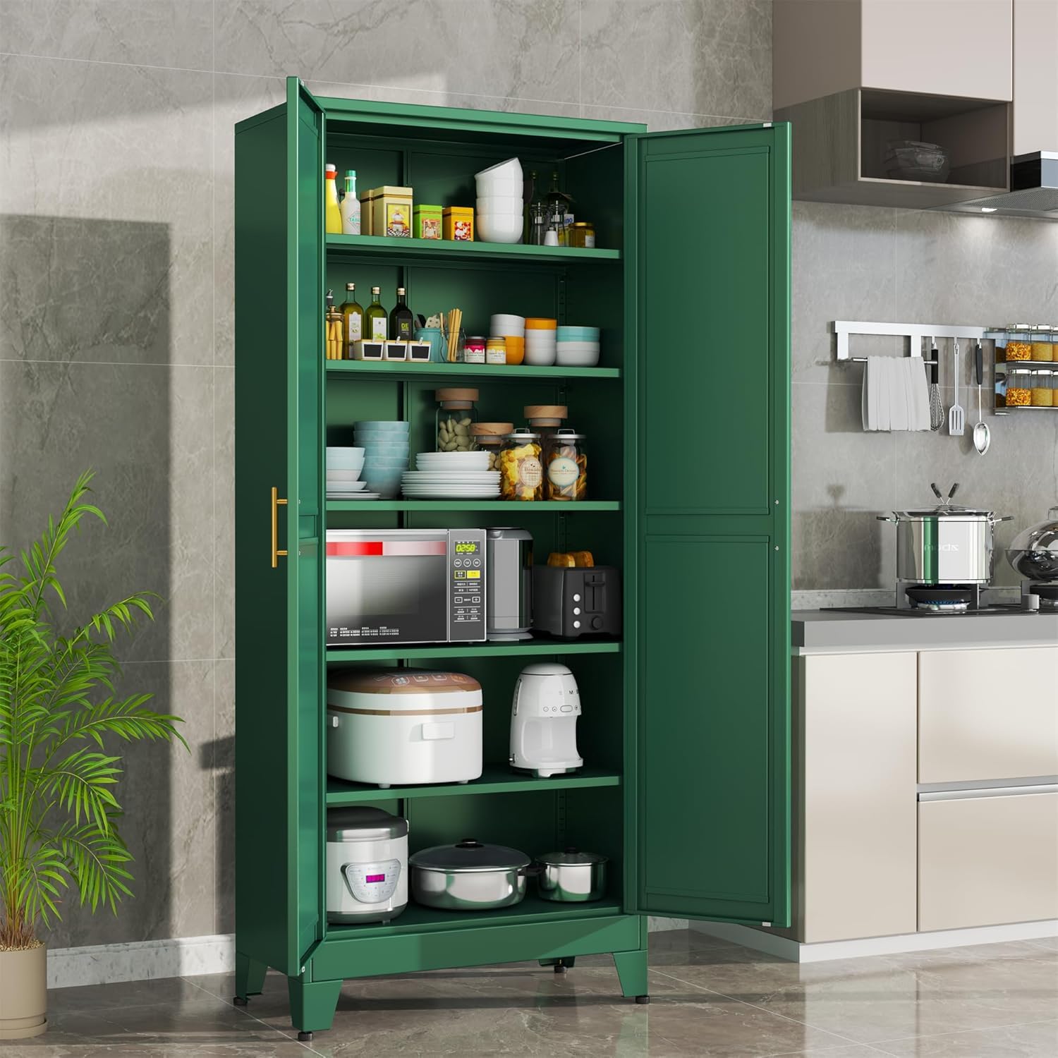 erosoei 75.2”H Metal Kitchen Pantry Storage Cabinet, Storage Cabinets with Adjustable Feet and Shelves,Food Pantries Cupboard for Kitchen, Living Room