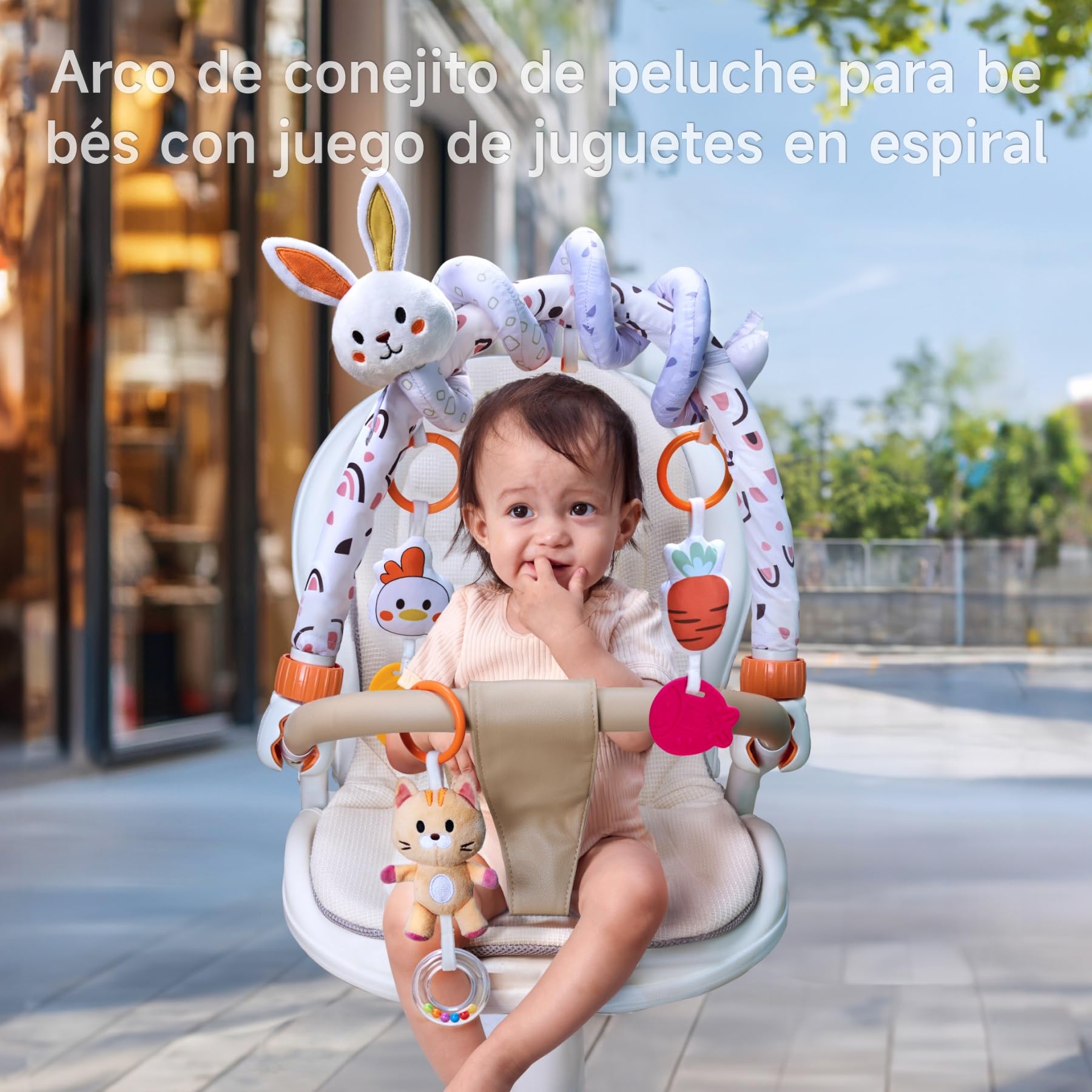 TUMAMA KIDS Juguete de bebé para Hamaca, 2 in 1 Juego de Juguetes de Arco y Espiral, Juguetes Bebe 0 3 6 9 Meses con sonajero Colgante - Conejito