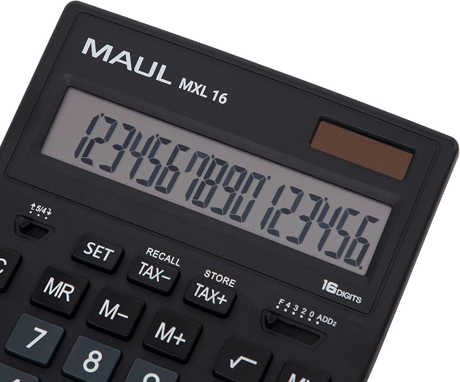 Close-up of the MAUL MXL16 calculator display and key functions, showing 16 digits.