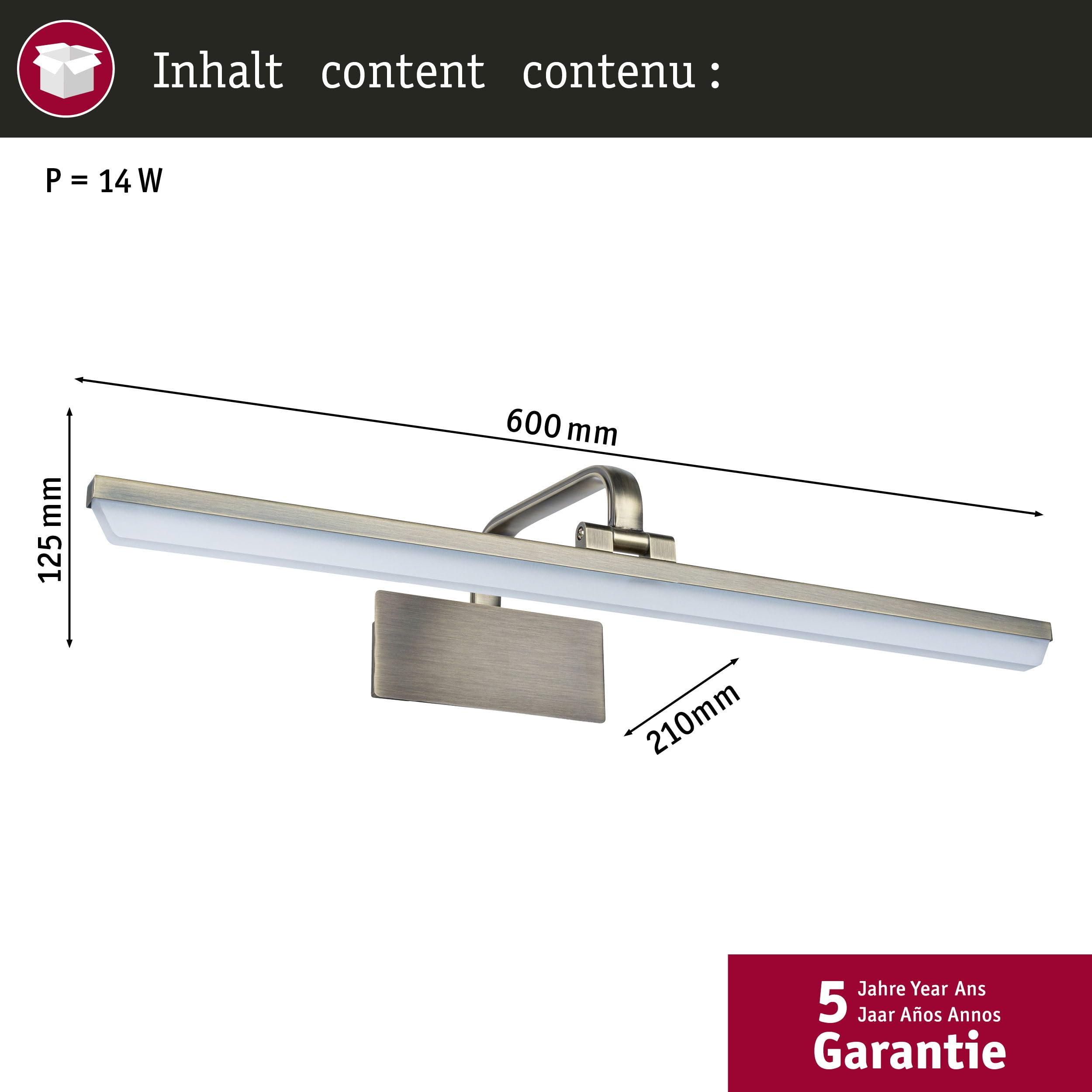 Paulmann 95570 Luce LED Renan 600 mm incl. 1x11 W Bianco Caldo Ottone Brunito Illuminazione Quadri Metallo, Acrilico Applique 3000 K 11 W