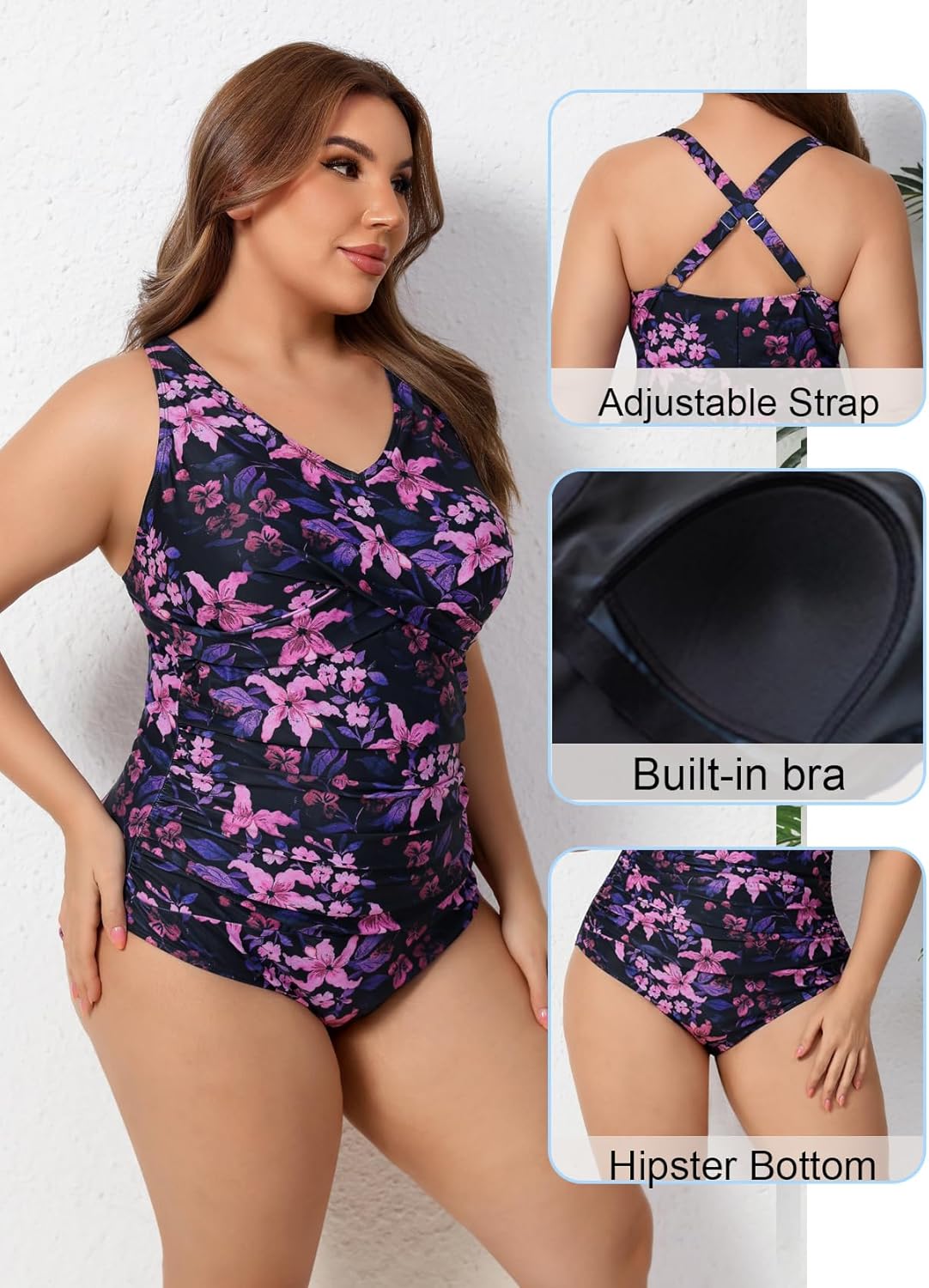 Halcurt Plus Size One Piece Swimsuit for Women Twist Front Tummy Control Full Coverage Retro Bathing Suit Black Purple Floral 1X - Image 5